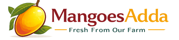 Mangoes Adda logo with a mango and leaf on a white background